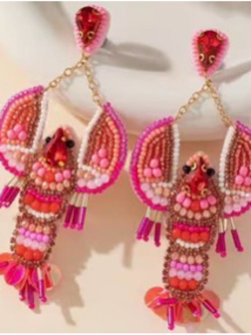 3/$20 - Handcrafted Pink Beaded Lobster Drop Earrings